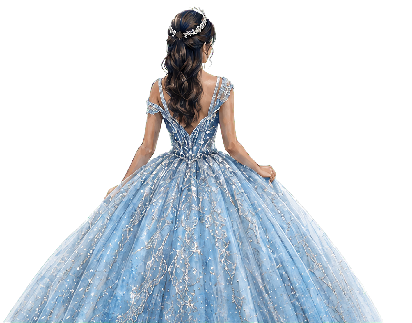 Sofía de espaldas con su vestido azul bebé y tiara plateada
