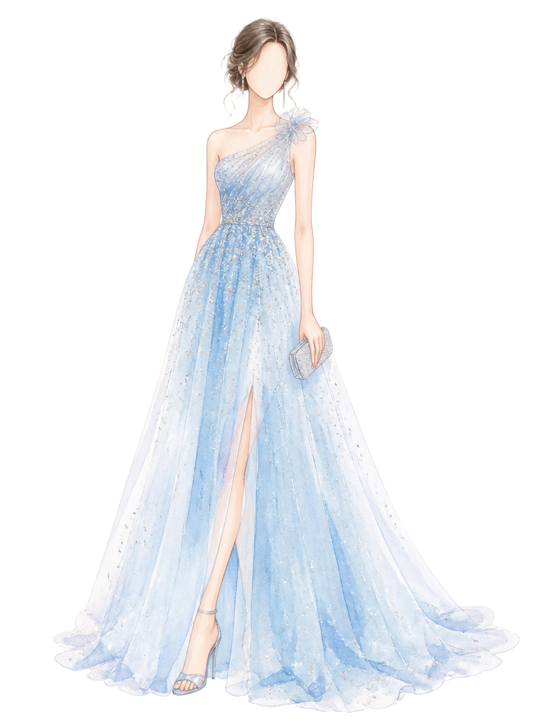 Vestido largo formal azul claro con destellos plateados para mujer