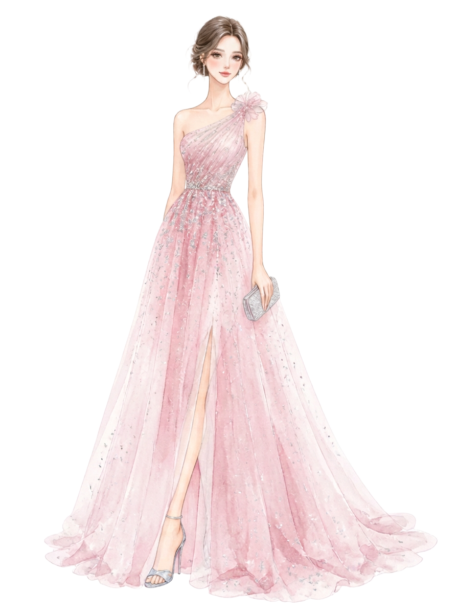 Vestido largo formal rosa pastel con destellos plateados para mujer